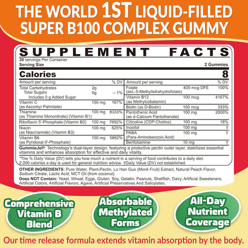 Gummies B12, Immune, 0g 60 Super Vitamin B Complex - Methylated B Complex for Women & Men, All B Vitamins, Methyl