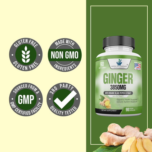American Standard Supplements Organic Ginger 3850mg with Organic Black Pepper Extract, 90 Capsules