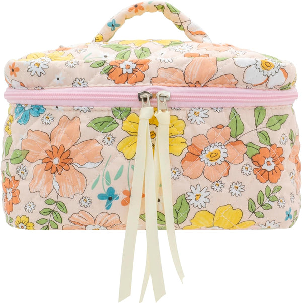 PAZIMIIK Cotton Makeup Bag for Women, Large Quilted Travel Cosmetic Case, Floral Orange