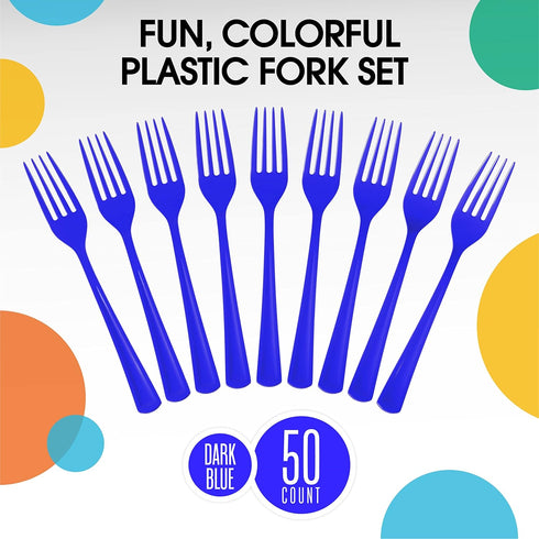 50 Pcs Heavy Duty Dark Blue Disposable Plastic Forks, Dark Blue Plastic Cutlery