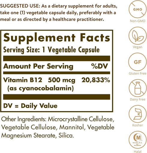 Solgar Vitamin B12 500 mcg, 250 Vegetable Capsules - Energy Metabolism, Nervous System Support, Non-GMO, Vegan