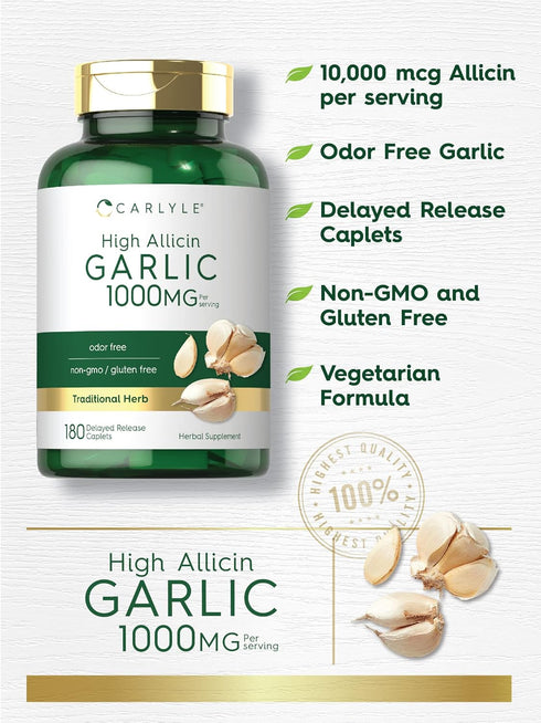 Carlyle Garlic Supplement with High Allicin, 180 Odorless Vegetarian Caplets, Non-GMO, Gluten Free