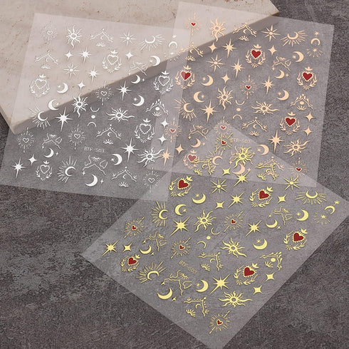 JMEOWIO 9 Sheets Moon Star Nail Art Stickers Decals Self-Adhesive Sun Nail Supplies for Decoration Accessories