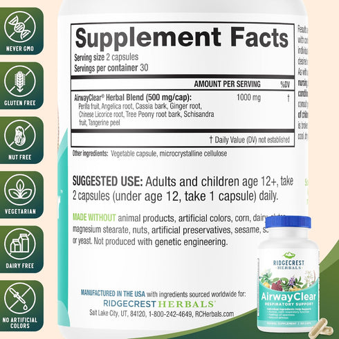 Ridgecrest Herbals AirwayClear, Lung Health and Breathing Support, 60 Vegan Caps, Gluten Free