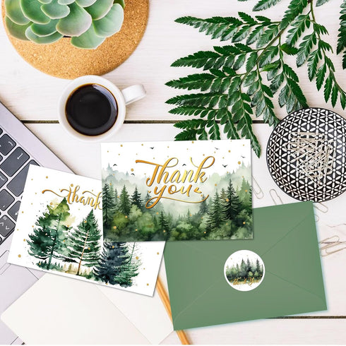 KTHONIOMANTE 24 Pack 6 7.9x5.9 Inches Green Forest Thank You Cards with Envelopes & Stickers - Watercolor Nature Blank