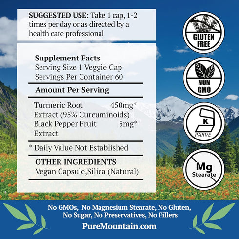 Turmeric Capsules with Black Pepper Extract - 60 Kosher Vegan Caps, 450mg Turmeric Root
