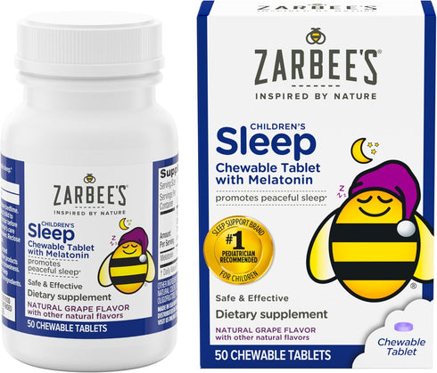Zarbee's Kids Chewable Melatonin 1mg, Drug-Free Sleep Supplement, Natural Grape Flavor, 50 Count for Ages 3+