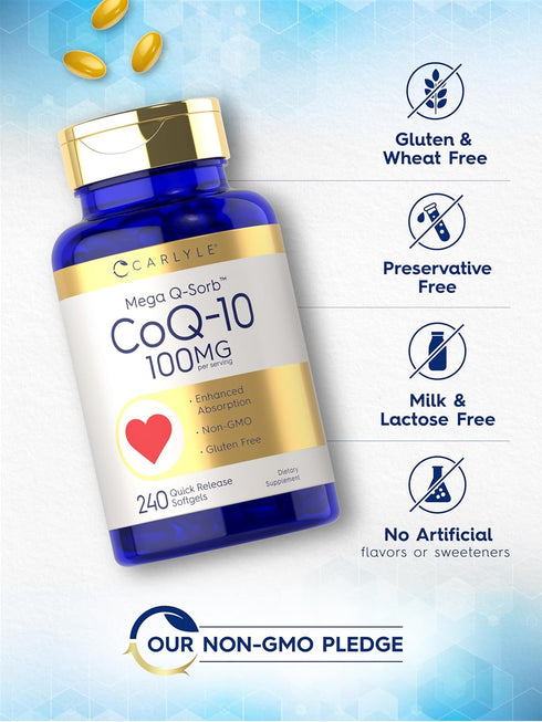 Carlyle CoQ10 100mg | 240 Softgels | Mega Q-Sorb Coenzyme Q-10 with Black Pepper Extract | Non-GMO, Gluten Free