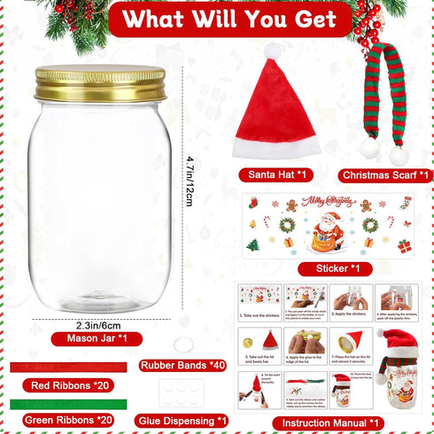 MUOUAKATE Christmas Money Holders for Cash, Christmas Mason Jar with Santa Hat Scarf and Stickers, DIY Cash Holder