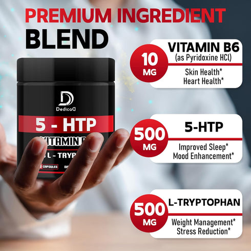 5 HTP Supplement 1010mg - 60 Capsules with Vitamin B6, L-Tryptophan for Mood, Brain Health & Immune Support