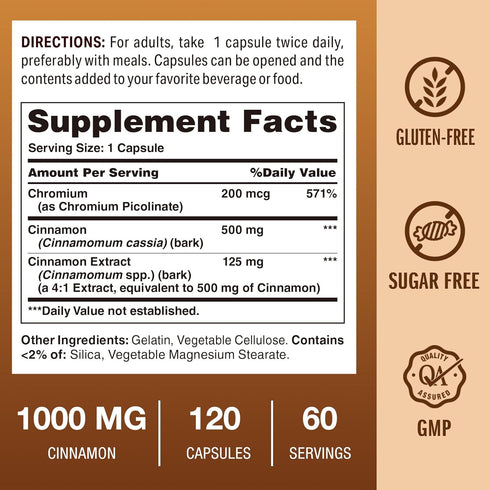 Vitamin World Cinnamon Complex 1000 mg with Chromium, 120 Capsules, Gluten Free for Healthy Metabolism & Antioxidant