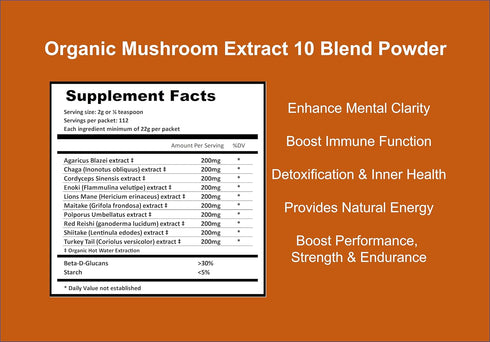 Mushroom Extract Powder - Powerful 10 Blend, Organic Lions Mane, Cordyceps, Reishi, Shiitake, Turkey Tail Mushrooms for