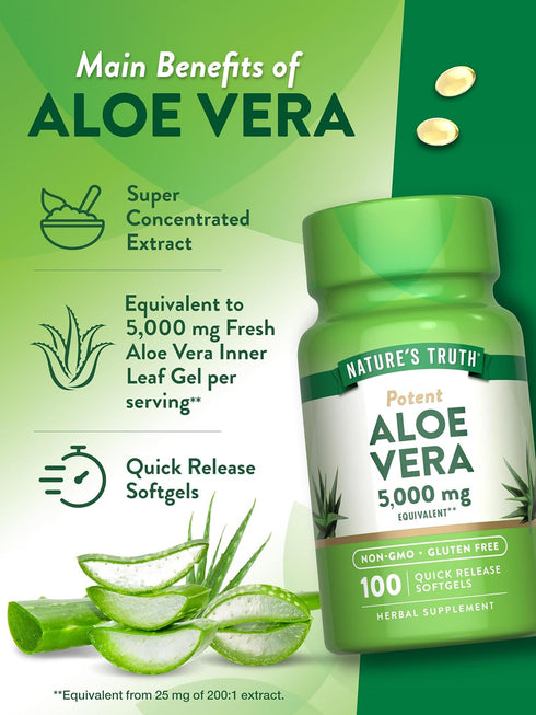 Nature's Truth Aloe Vera Softgels, 5000mg, 100 Count, Non-GMO and Gluten Free Supplement