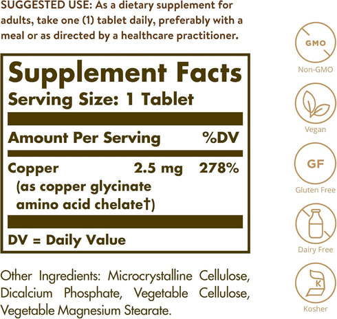 Solgar Chelated Copper, 100 Tablets, Supports Collagen Formation, Non-GMO, Vegan, Gluten Free