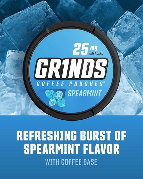 Grinds Coffee Pouches - Tobacco Free, Nicotine Free Healthy Alternative, 3 Cans of Spearmint