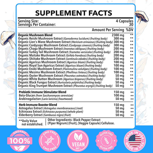 Mushroom Supplement 2600mg, 20-IN-1 Mushroom Complex - Lions Mane, Cordyceps, Reishi, Turkey Tail, Chaga & Herbs, Organic Mushrooms for Natural Energy, Immunity, Memory, Focus & Longevity, 120 Capsule