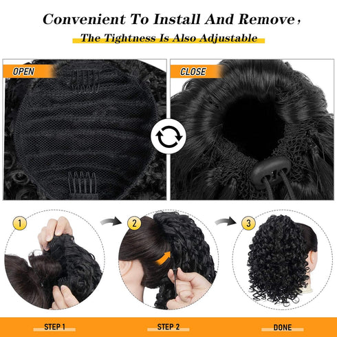 PEACOCO Curly Ponytail Extension - 6 Inch Drawstring Ponytail for Black Women, Clip on Synthetic Short Afro Hairpiece