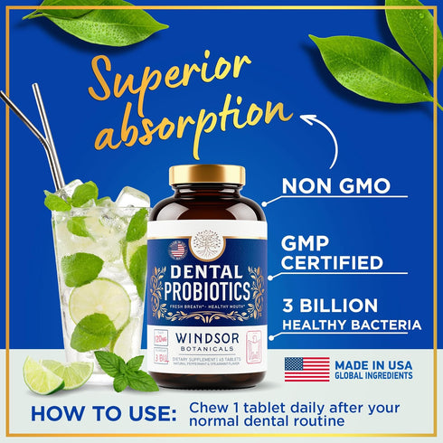 Oral Probiotics for Teeth and Gums, 45 Chewable Mint Tablets for Bad Breath Treatment, 3BN CFU