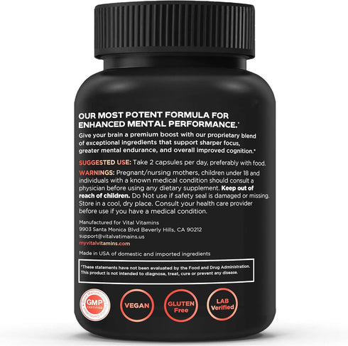 Vital Vitamins Brain Supplements for Memory & Focus - Nootropic Brain Health with Lion's Mane - 60 Count