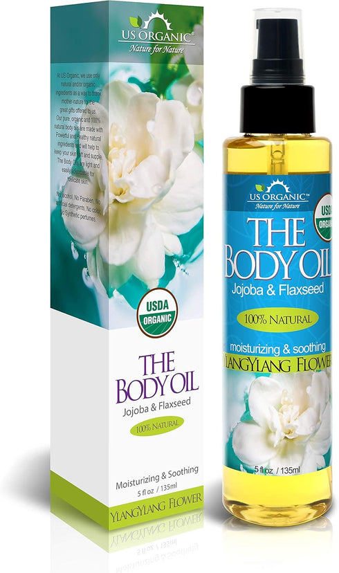 US Organic Body Oil - Rich Floral Ylang Ylang Jojoba and Flaxseed Oil with Vitamin E, USDA Organic, 5 Fl. oz.