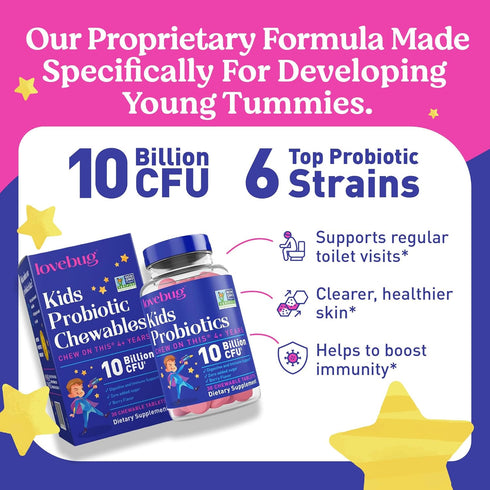 LOVEBUG Probiotics for Kids – Sugar-Free Probiotic Chewables with Prebiotic Fiber for Age 4+, 30 ct