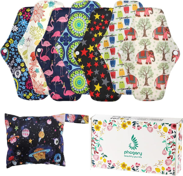 Reusable Menstrual Pads (7 in 1, 10in*7in), PHOGARY Bamboo Cloth Pad for Heavy Flow with Wet Bag, Washable Overnight