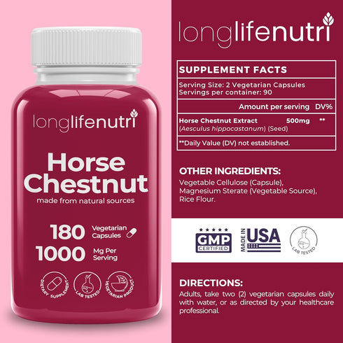 Horse Chestnut Extract 500mg - 180 Vegetarian Capsules, Organic Supplement for Daily Wellness & Circulation, 3-Month