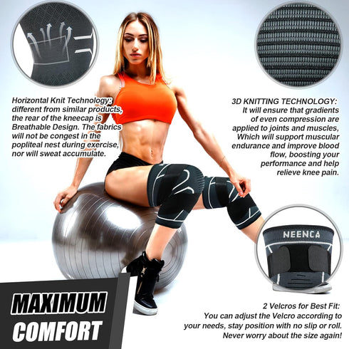 NEENCA Knee Braces for Pain Relief - 2 Pack Compression Sleeves with Adjustable Straps for Sports and Joint Pain