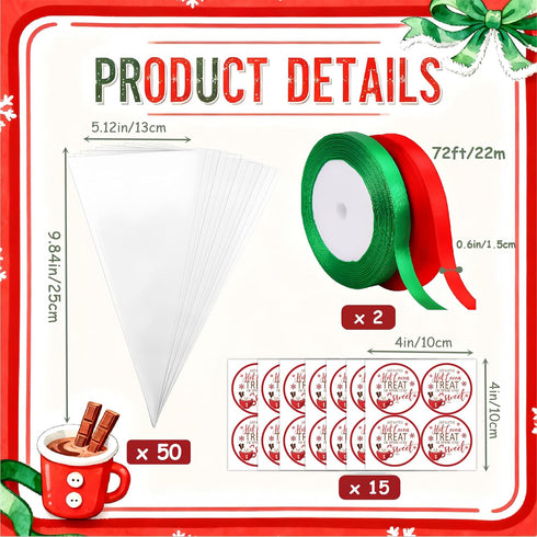 YIXAXKAO 50 Set Hot Chocolate Bar Accessories Cone Cellophane Bag Chocolate Marshmallow Bags with Hot Cocoa Label