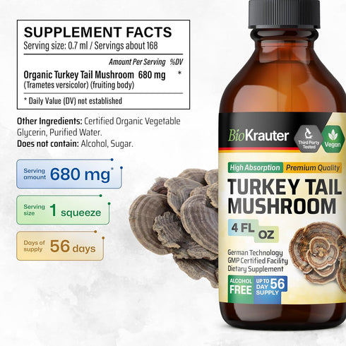 BIO KRAUTER Turkey Tail Mushroom Supplement, Vegan Immune Support Drops, Alcohol & Sugar Free, 4 Fl.Oz.