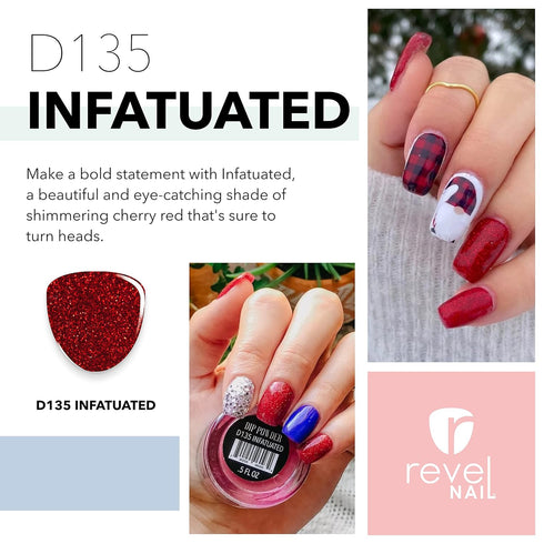 Revel Nail Dip Powder - Red Glitter Powder Dip Nail Polish, Chip Resistant with Vitamin E and Calcium, Infatuated