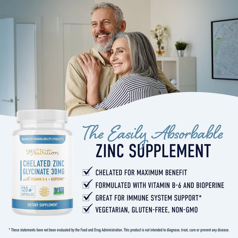 Chelated Zinc Supplements | Zinc Glycinate 30mg | Highly-Absorbable TRAACS Chelated Zinc Bisglycinate, Vitamin B6 & BioPerine | Immune Support, Acne & Metabolism | Non-GMO, Gluten-Free | 120 Capsules