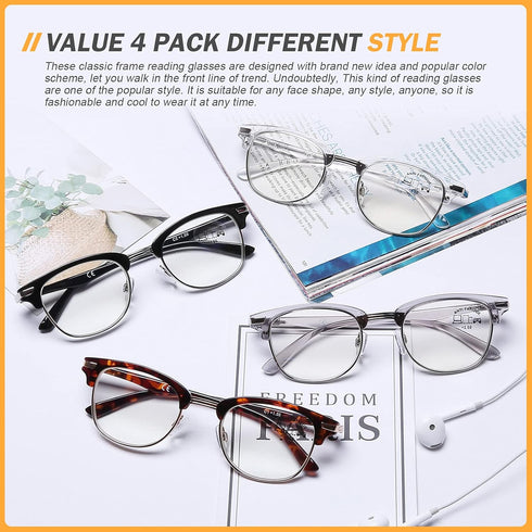 DOOViC 4 Pack Blue Light Blocking Reading Glasses - Anti Eyestrain Fashion Classic Style for Women Men 1.50 Strength