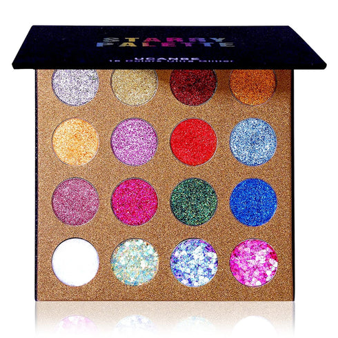 UCANBE Pro Glitter Eyeshadow Palette, 16 Colors, Highly Pigmented Chunky & Fine Pressed Glitter Eye Shadow Powder Makeup