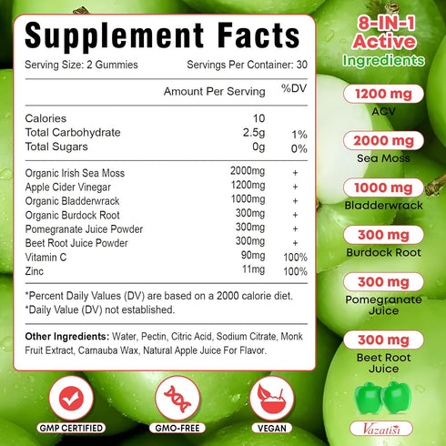 Vazatisi 2 Pack Gummies, Gummies Immune -120 Count Apple Cider Vinegar ACV with Sea Moss for Metabolism, Digestion
