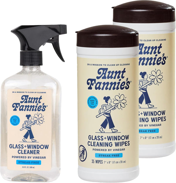 Aunt Fannie's Glass & Window Cleaning Bundle, Vinegar Spray and Wipes, Natural