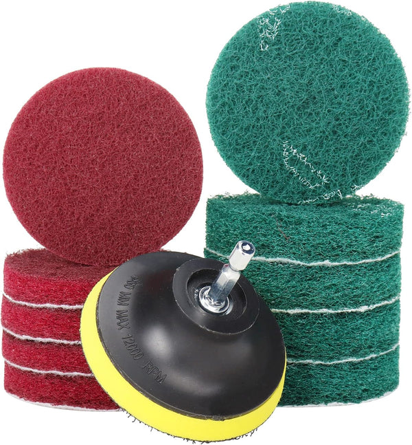 3 Inch Drill Brush Power Scouring Pads, Heavy Duty Household Cleaning Kit with 5 Red & 5 Stiff Green Pads