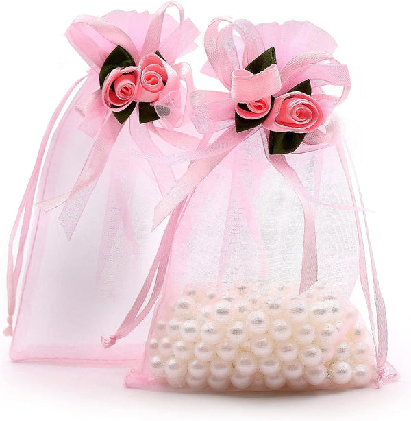 SumDirect 50Pcs Rose Organza Gift Bags - 4x6 inch Pink Wedding Favor Bags with Drawstring for Party Gifts