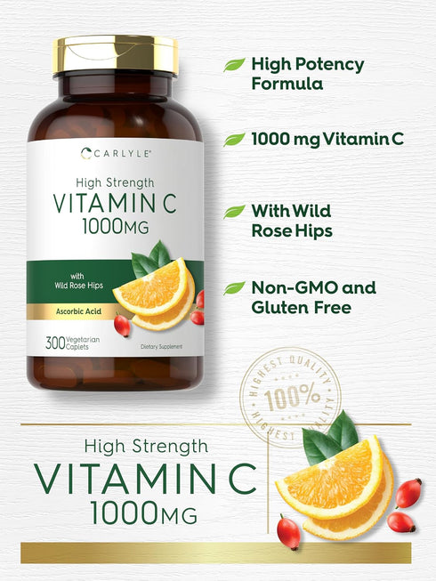 Carlyle Vitamin C 1000mg, 300 Vegetarian Caplets, High Strength Formula with Wild Rose HIPS, Non-GMO, Gluten Free