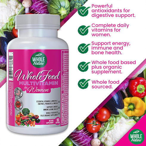 Whole Food Multivitamin for Women - Vegan, Non-GMO - 90 Capsules with Folate, B12 Methyl, Vitamins, Minerals,