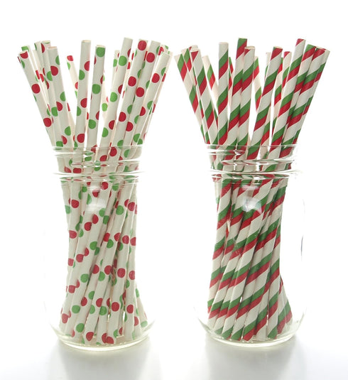 Set (50 Pack) Christmas Party Suppies of Straws - Holiday Straws, Christmas Dinnerware, Red & Green Paper Party Straws