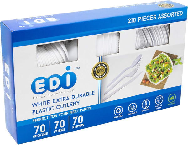 EDI 210 Piece White Disposable Plastic Cutlery Set, Assorted 70 Forks, 70 Knives, 70 Spoons, Extra Durable