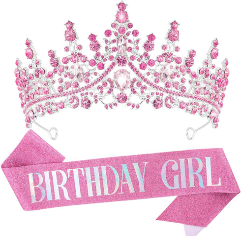 VELSCRUN Crystal Birthday Tiara Crowns for Women Girls, Elegant Headband Sash, Happy Birthday Party Decorations