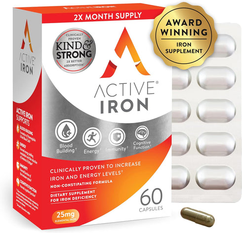 Active Iron Supplement, 25mg (60 Capsules) Non-Constipating, Gentle for Women & Men, Clinically Proven