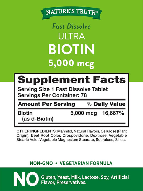 Nature's Truth Ultra Biotin 5000mcg | 78 Fast Dissolve Tablets | Hair Skin and Nails Supplement | Natural Berry Flavor | Vegetarian, Non-GMO, Gluten Free