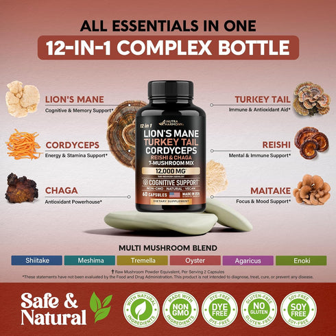 Mushroom Supplement - Organic Lion's Mane, Turkey Tail, Chaga, and More - 60 Capsules, 12-in-1 Complex