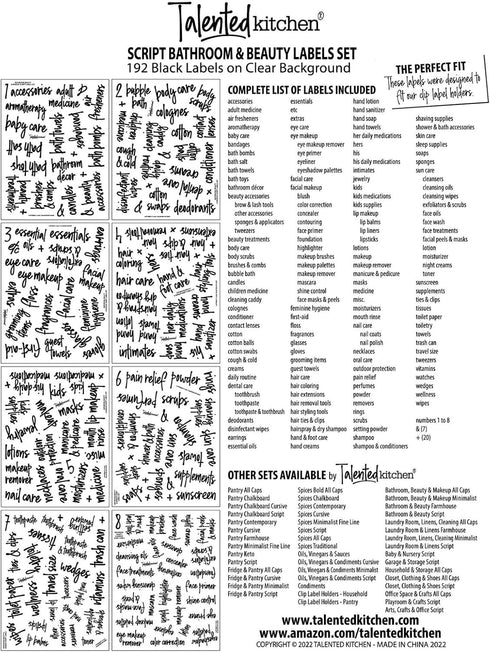 Talented Kitchen Bathroom Labels - Transparent Vinyl & Black Script Stickers for Containers, Bins, Bath, Beauty, Makeup