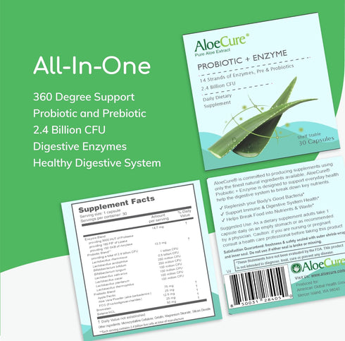 AloeCure Probiotics + Enzyme Capsules | 30 Capsules | 2.4 Billion CFU for Women's Digestive Health | Daily Aloe