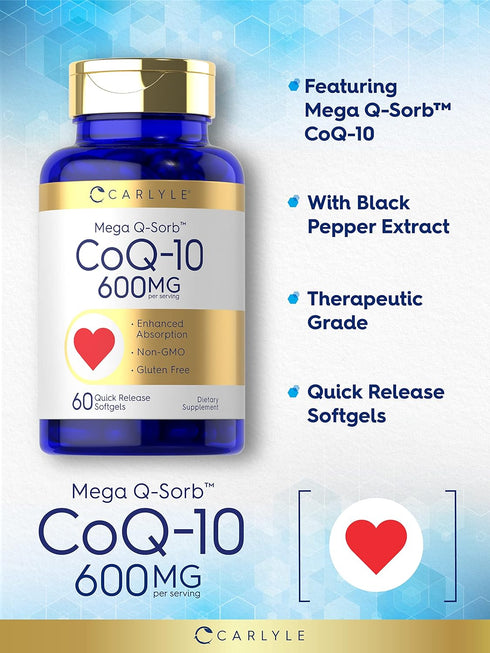 Carlyle CoQ10 600 mg | Mega Q-Sorb Coenzyme Q-10 | 60 Softgels | Non-GMO, Gluten Free with Black Pepper Extract
