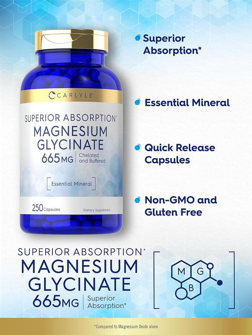 Carlyle Magnesium Glycinate, 665 mg, 250 Capsules, Non-GMO, Gluten Free Buffered Mineral Supplement